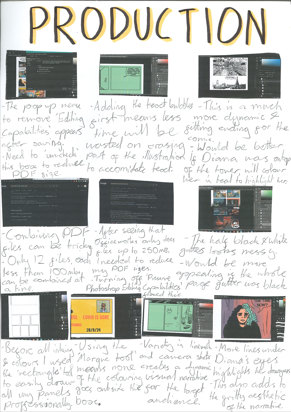 A folio page with production notes for the print production Brixton’s Burning.