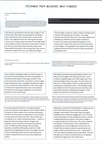 A folio page detailing production notes and feedback from the audience and teacher.