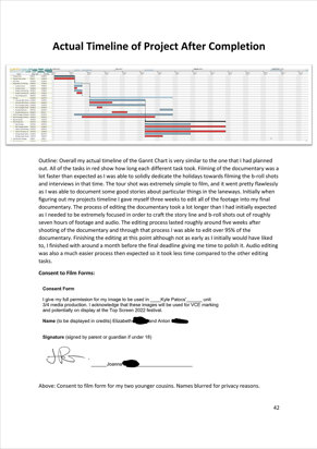 This folio page provides the actual timeline for the project after its completion, with reflection about the production process.