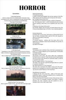 This folio page provides an overview of the horror genre in media, covering themes and sonic/visual codes.