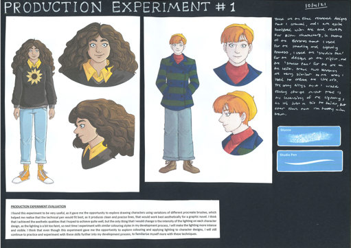 A folio page showing the first production experiment results and evaluation. The experiment tested illustration techniques for a graphic novel. 