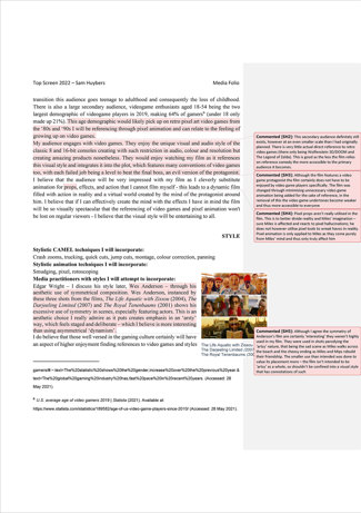 Folio page with annotated media production design notes, describing the intention and audience for the film.