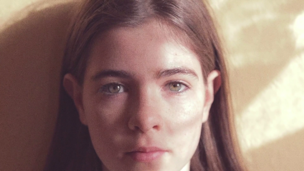 A close-up image of a girl with green eyes and long brown hair. She looks directly into the camera.
