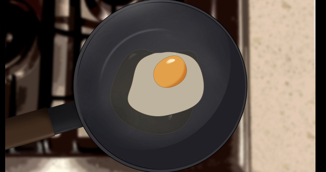 Illustrated fried egg cooking in a black frying pan, viewed from above, with a blurred kitchen background.