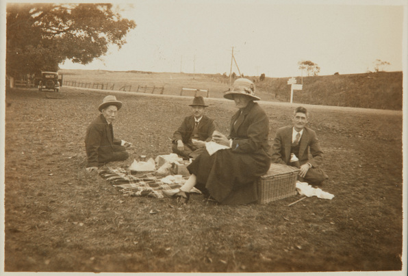 Setsutaro Hasegawa and his friends on an outing near Geelong, 1930. Left to right: Motoshiro Ito, Setsutaro, George Furuya and in foreground his wife Ada May