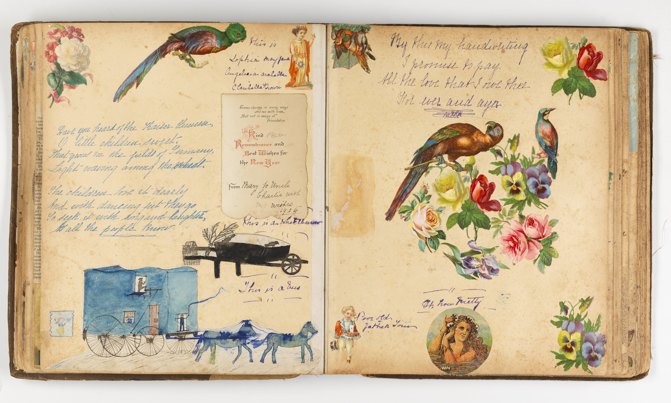 An 1880s scrapbook open to two colourful pages