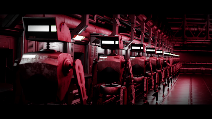 A row of human-like red robots in a warehouse