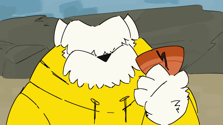 A cartoon drawing of a white dog wearing a raincoat and holding a bucket.