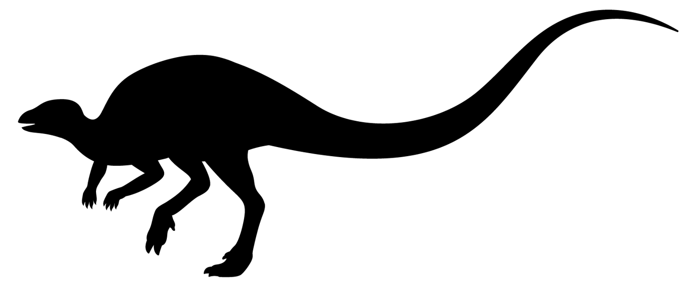 Silhouette of a small, nimble dinosaur running on two legs, with a long thin tail that trails behind it. 