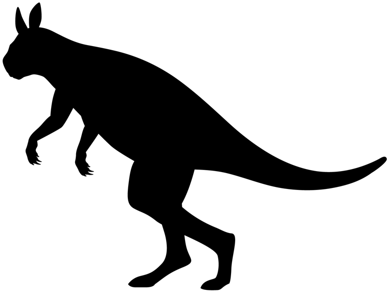 Silhouette of a kangaroo-like animal with long arms and a short face, one leg in front of the other as if frozen mid-step. 