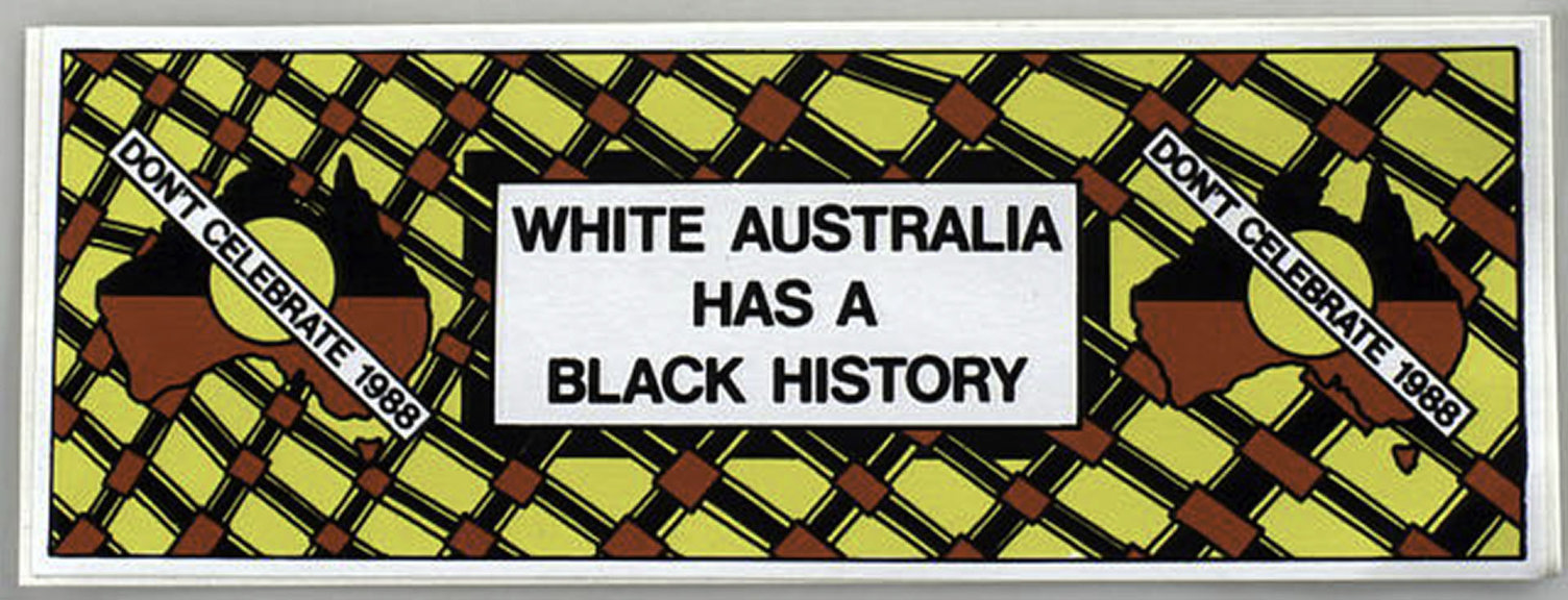 Stickers showing both celebration and protest perspectives on the Bicentenary in 1988. 
