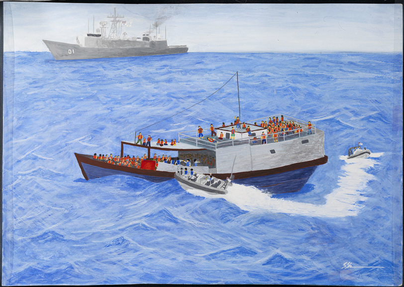 Painting depicting the boarding by Australian navy of the boat Olong (SIEV IV) carrying asylum seekers from Indonesia, which sank shortly afterwards (no known casualties), 2001 