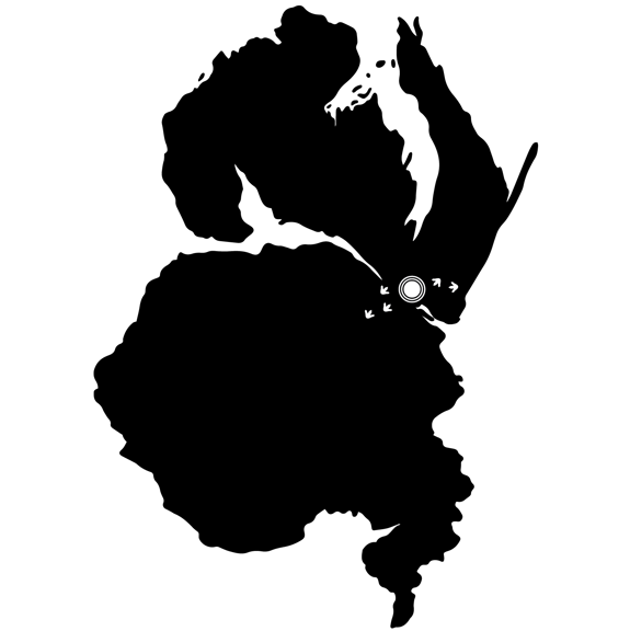 A map of the Australian continent, connected to Antarctica and partially covered with water. Dinosaur footprints show a pathway across the two land masses.   