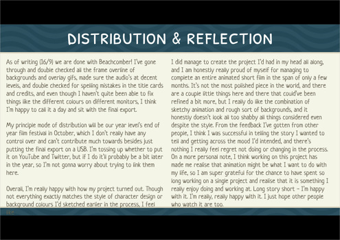 This folio page details Evie Taylor-Constable’s reflection on her final Media Film work ‘Beachcomber Blues’.
