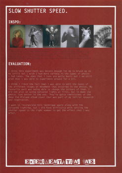 This folio page details Callista Kosasih’s experiment and evaluation of slow shutter speed to achieve a specific visual effect in her Media Photography work. 