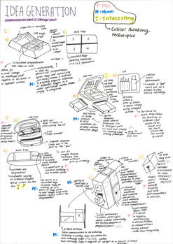 This folio page depicts annotated visualisation drawings of Felice Todd’s ideas for his Visual Communication Design presentation ‘Artystree Art and Supply Brand’.