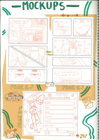 This folio page depicts Kim Xuyen Quinton’s pre-production mock ups for her Media Print project ‘Auspicious’. Kim has mocked up illustrations for her graphic novel.