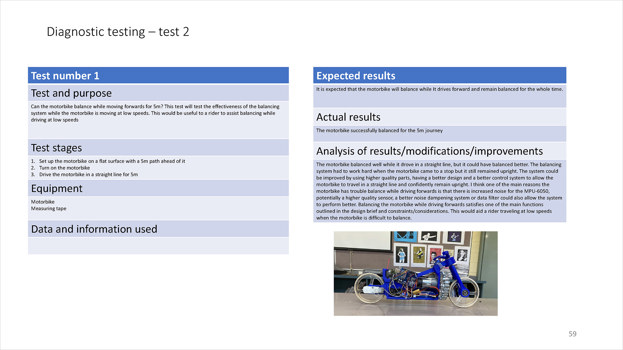 This folio page outlines Luke Tan’s diagnostic testing for his integrated controlled system, the ‘Self-balancing Motobike’.