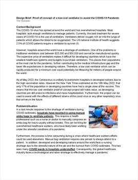 This folio page outlines Viran Dhanapala’s design brief for his Systems Engineering project, the ‘Low-cost COVID-19 Ventilator’. Viran’s brief considers context/background, problem/situation, opportunity/need, project overview and project outcome.