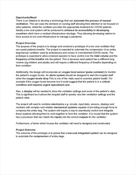 This folio page outlines Viran Dhanapala’s design brief for his Systems Engineering project, the ‘Low-cost COVID-19 Ventilator’. Viran’s brief considers context/background, problem/situation, opportunity/need, project overview and project outcome.