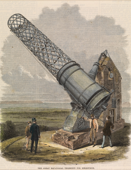 Mounted print of a coloured engraving of the Great Melbourne Telescope. The image is based on a photograph of the telescope temporarily erected in Thomas Grubb's workshop yard in Dublin in 1868. The engraving has tranposed the telescope to an imagined rural landscape.