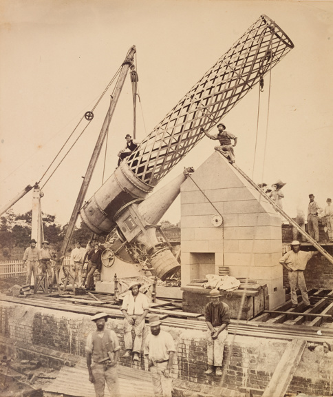 Photo of workers posing with the partially constructed Great Melbourne Telescope at the Melbourne Observatory, circa January-February 1869