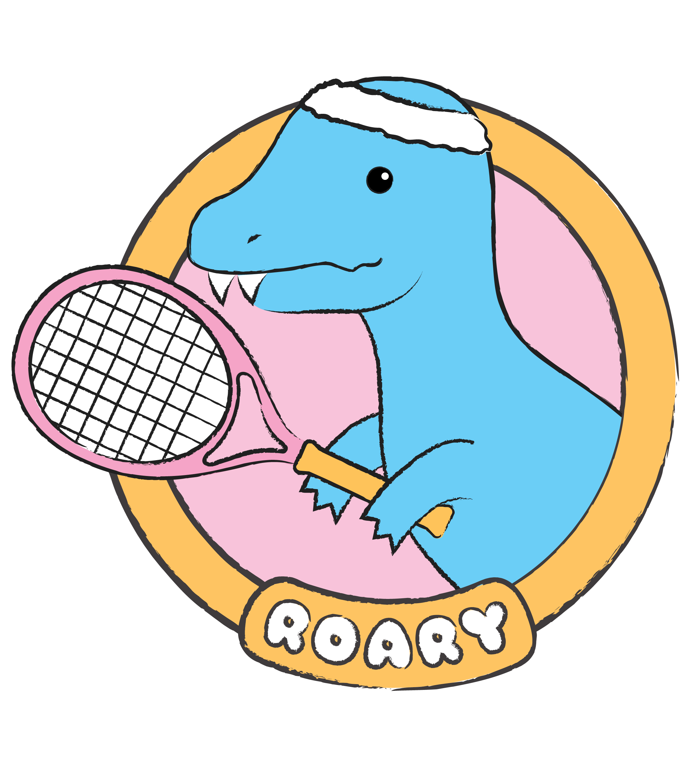 Roary the T-rex with a tennis racket and sweat band.