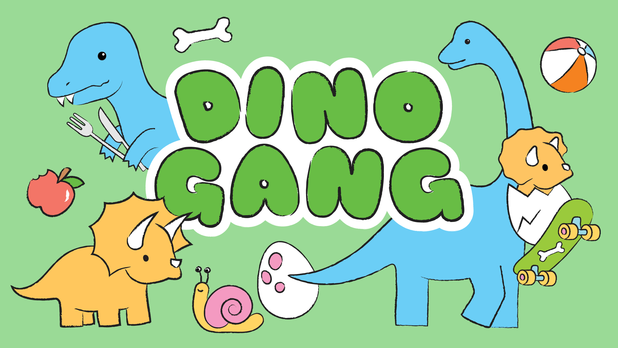 A range of dinosaurs having fun, including a triceratops in an egg on a skateboard, are arranged around the title Dino Gang. 