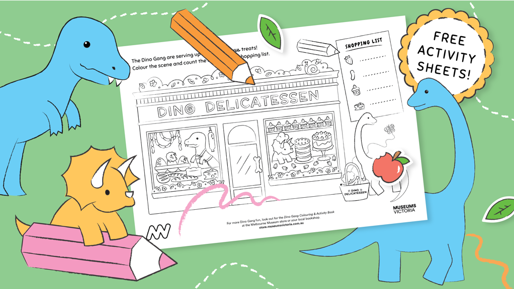 Illustration of a dinosaur drawing activity surrounded by dinosaurs.