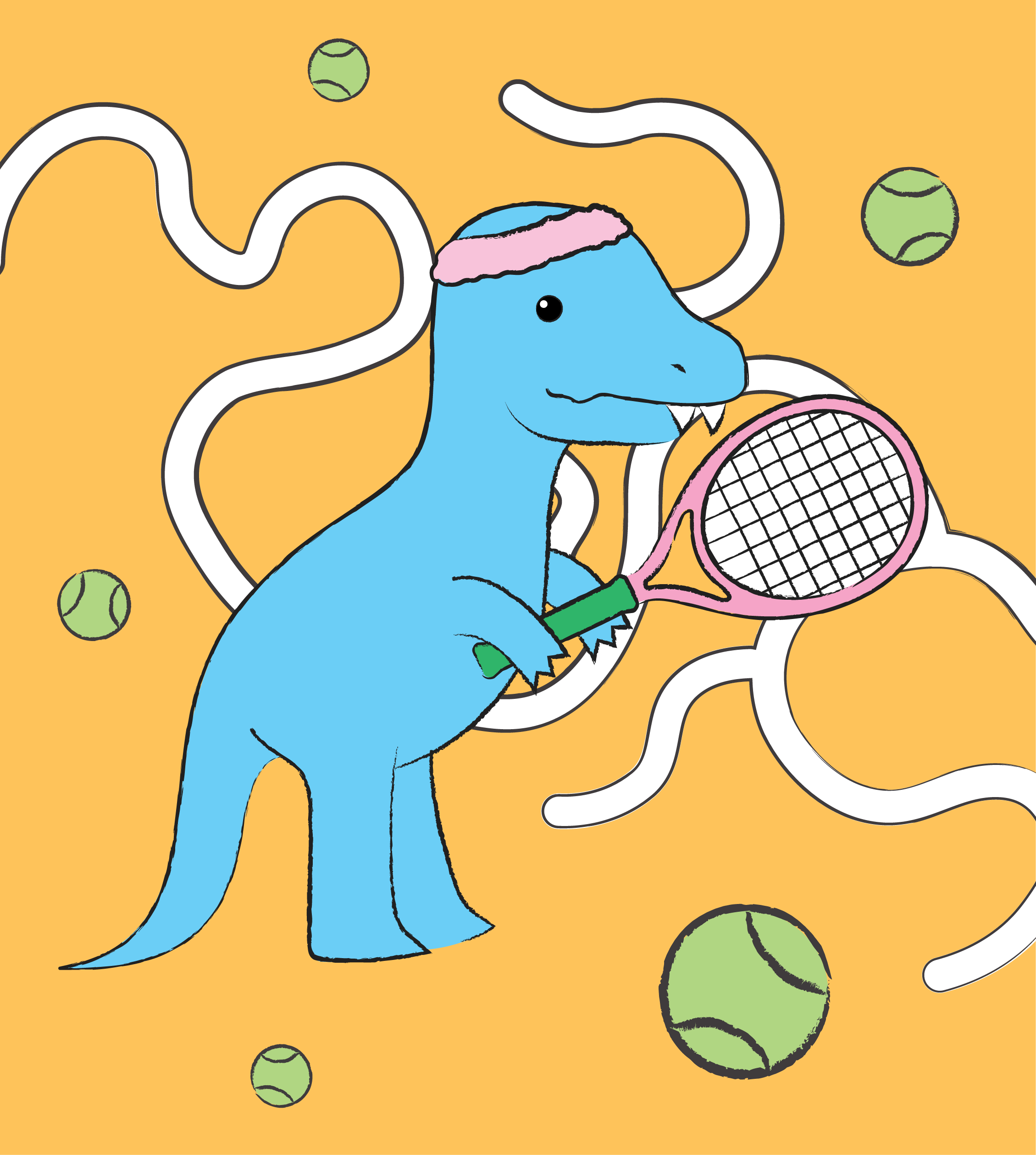A T-rex with a tennis racket and sweatband Infront of a maze.