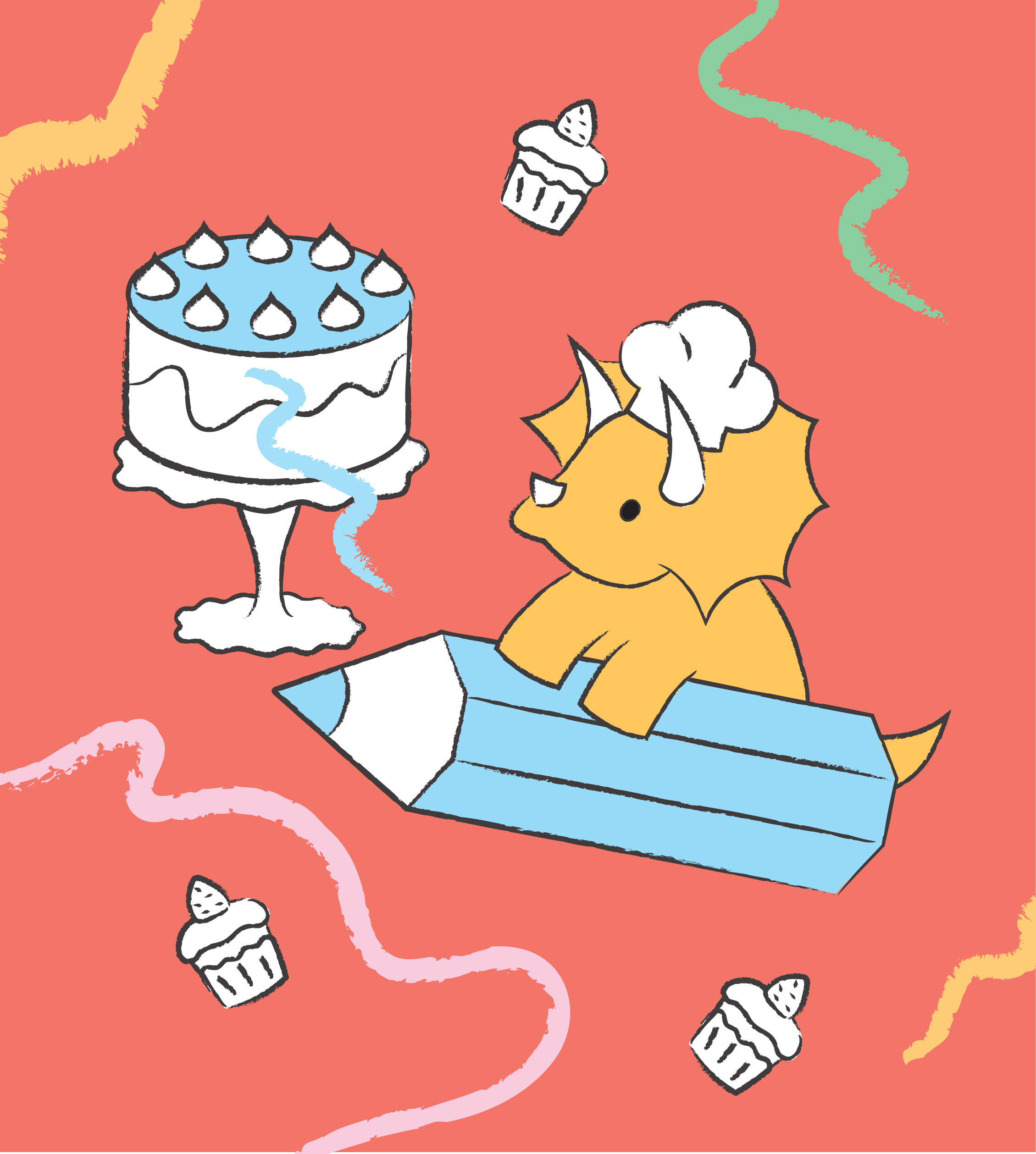 A triceratops on a large pencil is next to deli goods and cake.