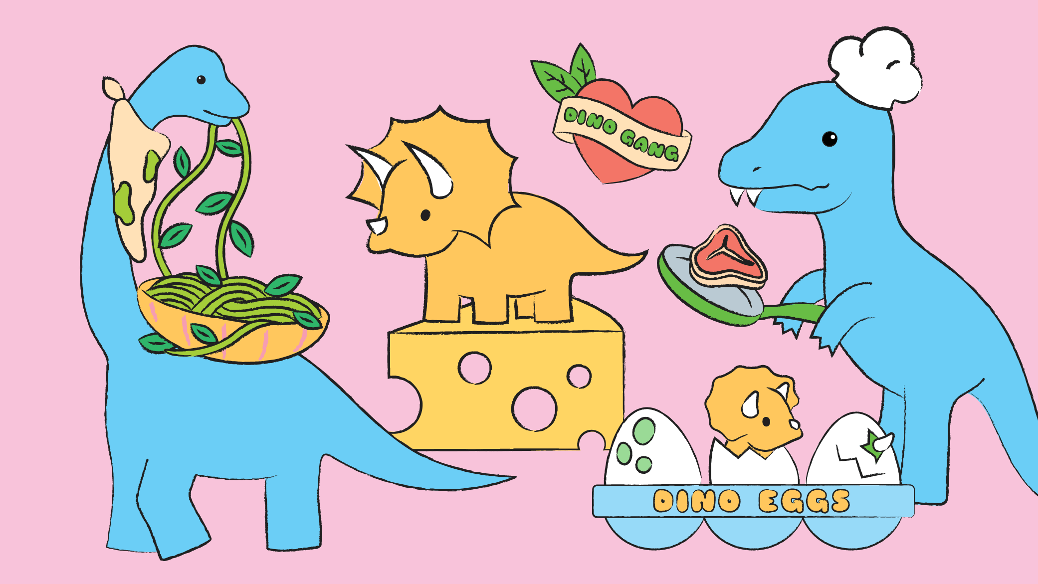 A heart reads Dino gang and eggs titled Dino Eggs are surrounded by dinosaurs that are eating and cooking.