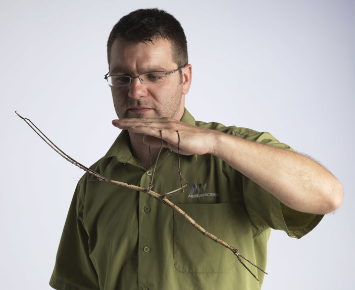 a man holding an insect the length of his arm