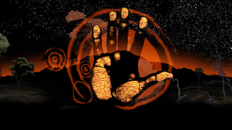 hand overlaid on a night sky illustration