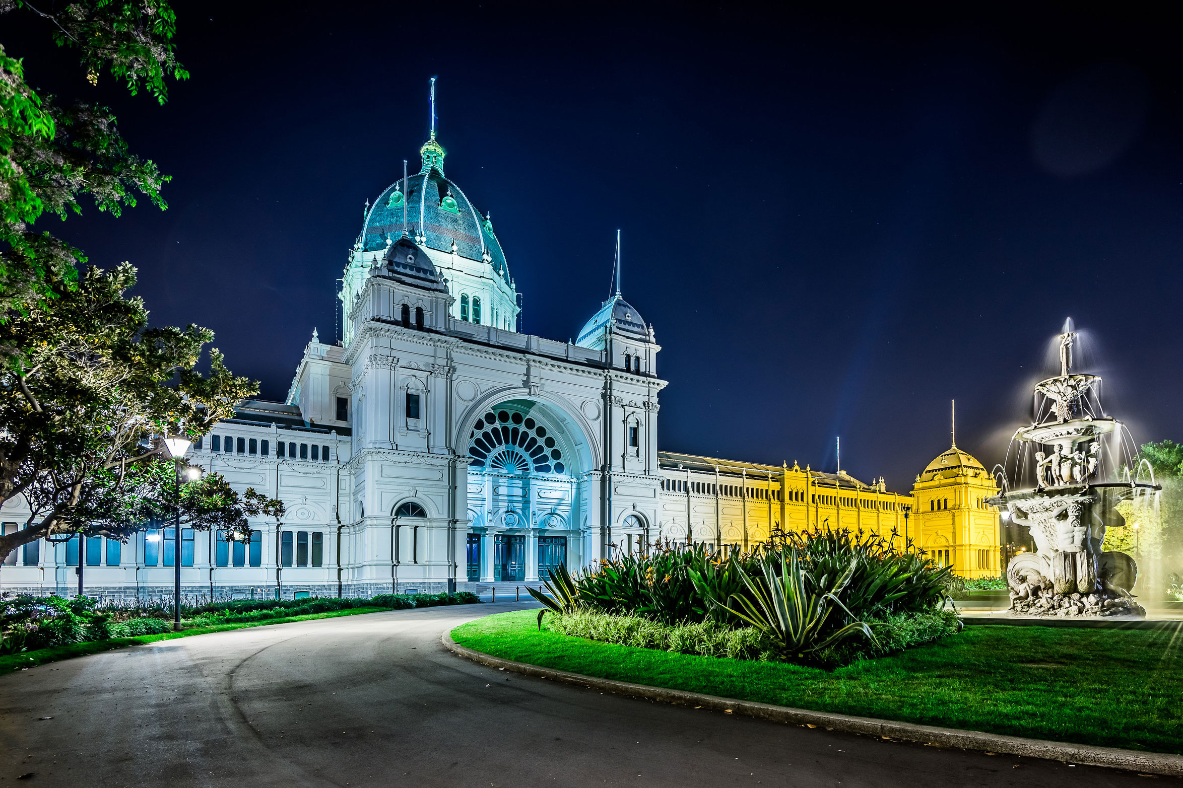 Building with coloured light projection on the external walls