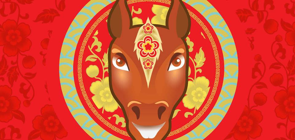An animated red horse on a red background surrounded by Chinese themed patterns.