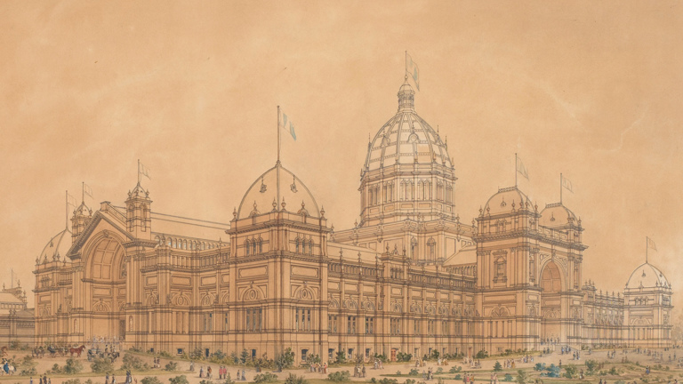 A water colour painting and artist impression of the Royal Exhibition Building from 1880
