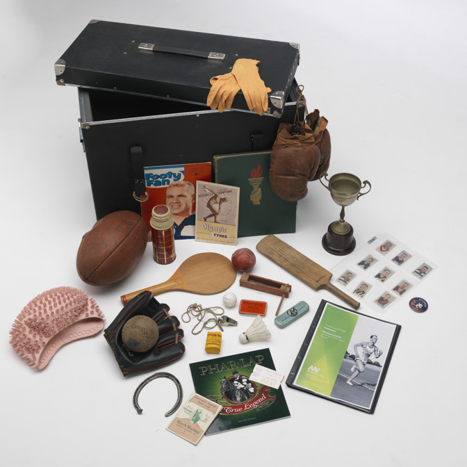 Various objects and props from Track and field reminiscing kit used in outreach program