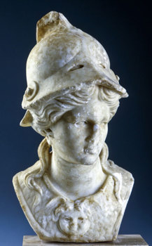 Marble statue of the bust of the roman goddess Athena.