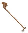 A wooden toy, with wheels on one end and a horse head and handles on the other