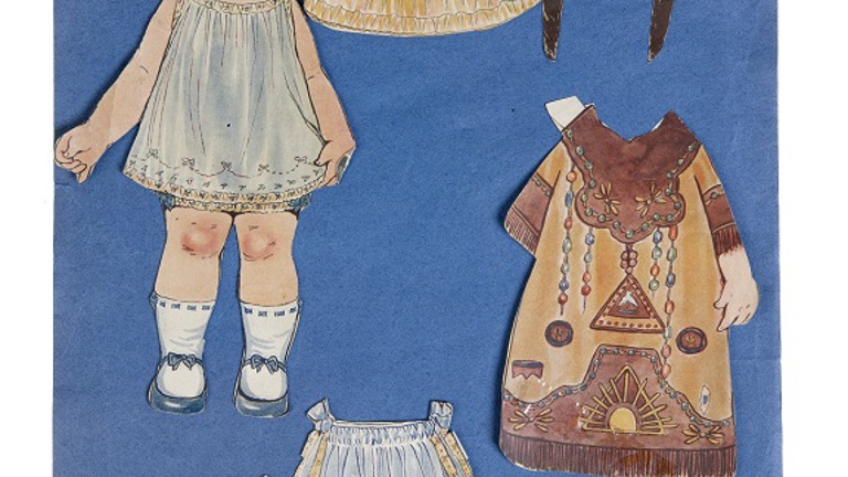 A paper doll with three different outfits