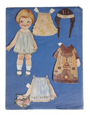 A paper doll with three different outfits