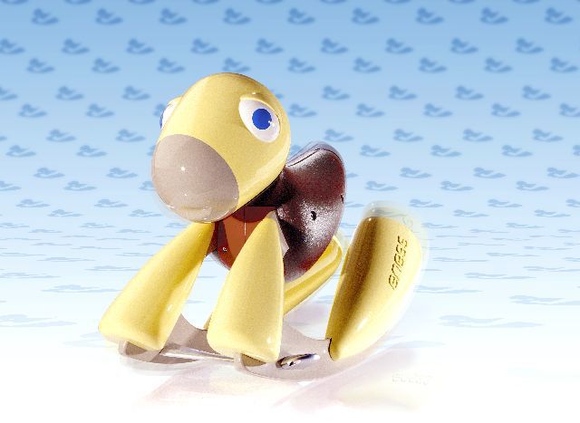 Cartoon-like 'horse' with yellow plastic body and brown plastic saddle