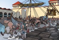 An illustration of a port scene in ancient Pompeii