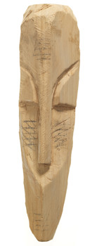 This wooden mask has only been partially completed, commenced by Nickel Mundabi during the filming of his artistic practice by Museum Victoria at his friend's farm just outside Shepparton, 18 February 2014. The piece has been shaped and sanded and some designs marked, in order to demonstrate Nickel's process of carving. 