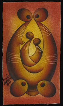 Painting titled 'A Family' using a technique of adhering sand to canvas and applying acrylic paints, produced by Nickel Mundabi Ngadwa at his home in Shepparton in 2013.
