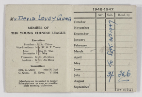 Membership Card - Issued to  Samuel (David) Louey Gung, The Young Chinese League.