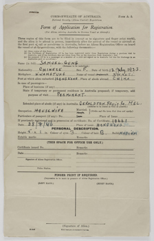 Three forms issued by the Commonwealth of Australia for 'Aliens entering Australia in Overseas Vessel or Aircraft'. The forms have been filled in by Samuel Gung for his wife, Mary, and two children Jeff and Phyllis. 