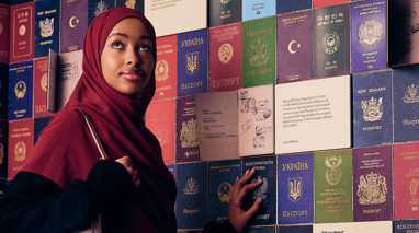 A woman in a hijab stands beside a wall covered in passports from around the world, in Identity: Yours, Mine, Ours exhibition at the Immigration Museum.