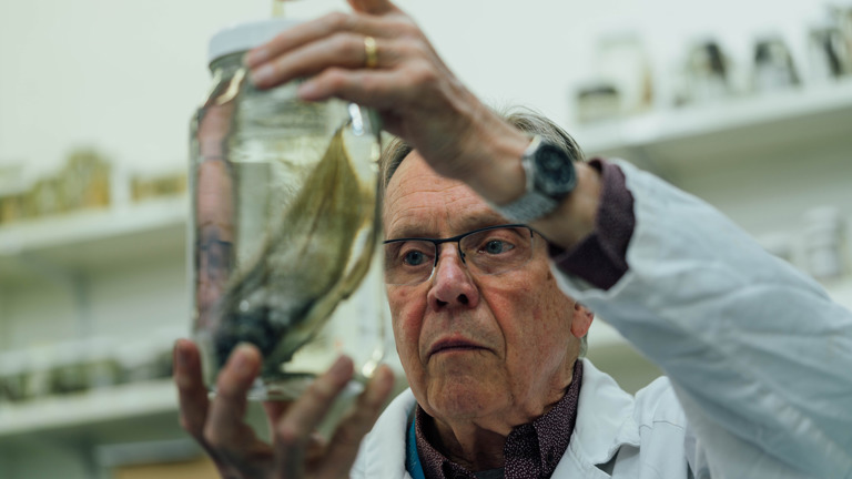 Man holding a glass jar with a fish in it